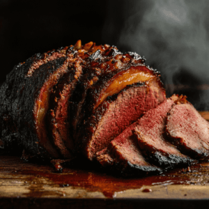 Close-up of sliced smoked meatloaf with a caramelized glaze