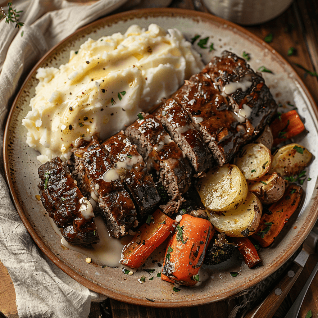 Smoked meatloaf served with mashed potatoes and roasted vegetables