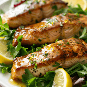 Smoked sturgeon with lemony dressing on a plate with fresh greens