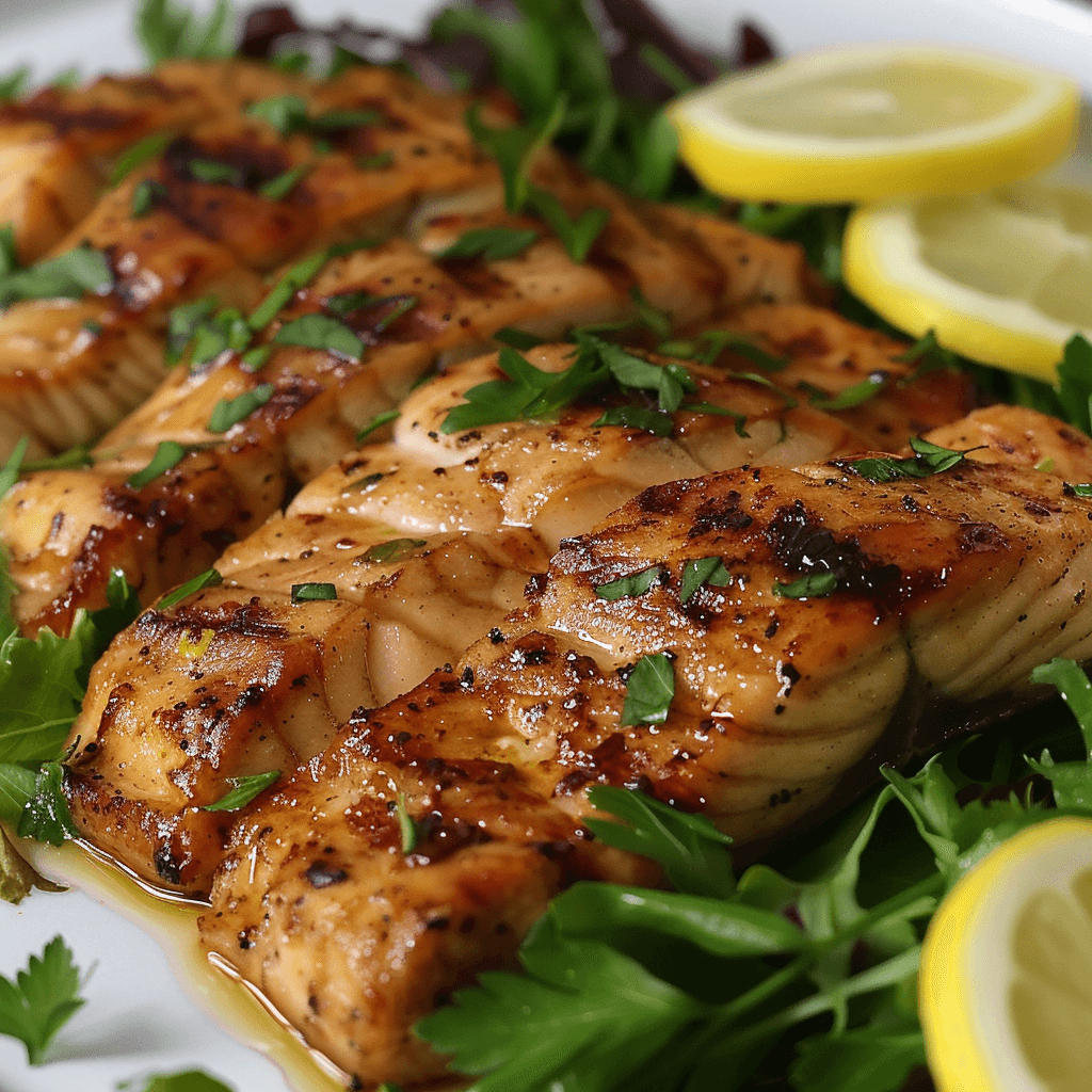 Smoked sturgeon with lemony dressing on a plate with fresh greens, smoked using applewood chips at 225°F