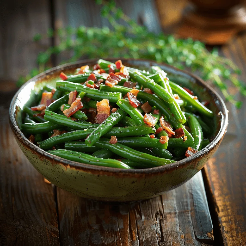 A bowl of Southern-Style Green Beans with bacon, served as a side dish.