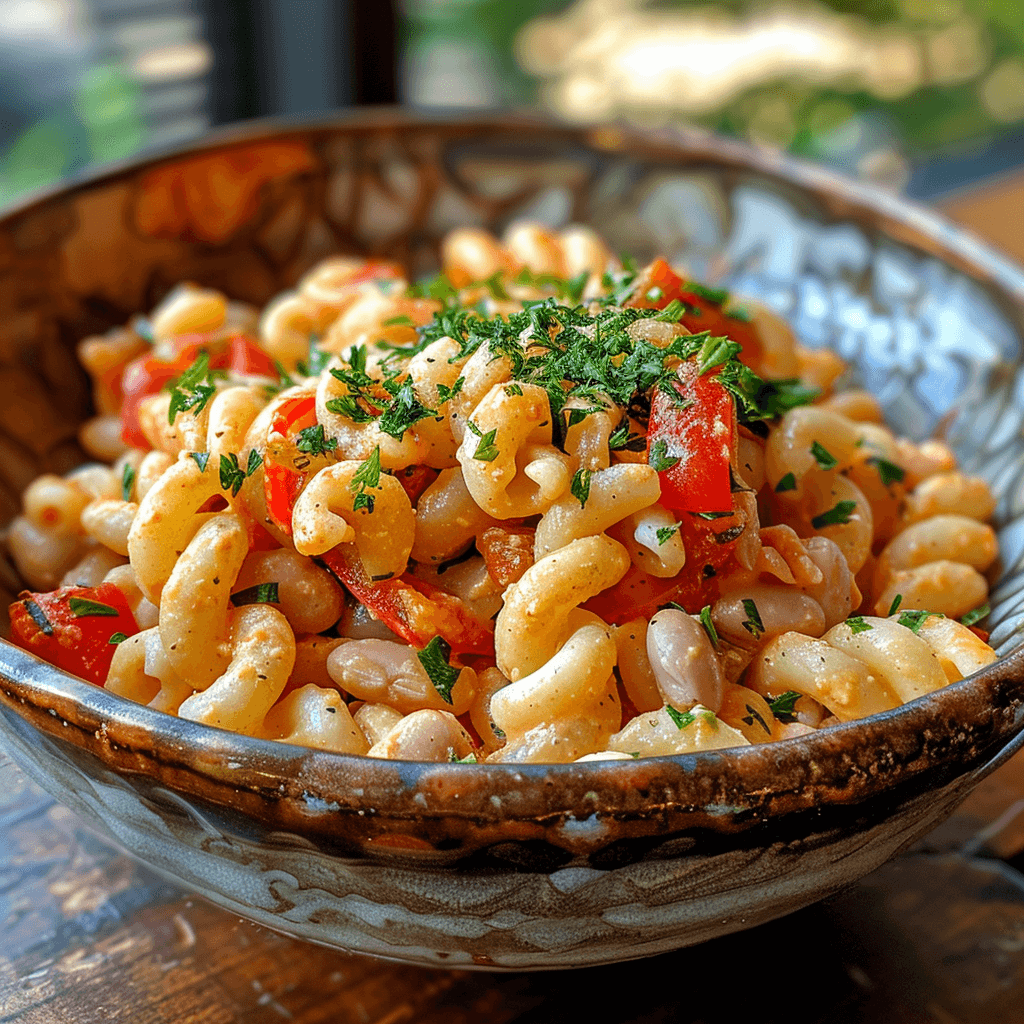 Close-up of Red Pepper White Bean Cellentani topped with grated Parmesan and chili flakes.