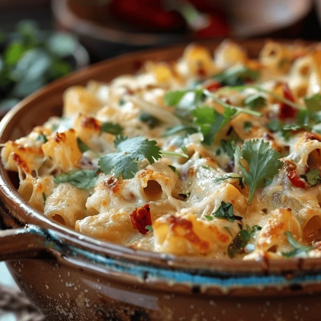 Spicy Mexican Baked Pasta with jalapeños, chipotle peppers, and a layer of melted pepper jack cheese.