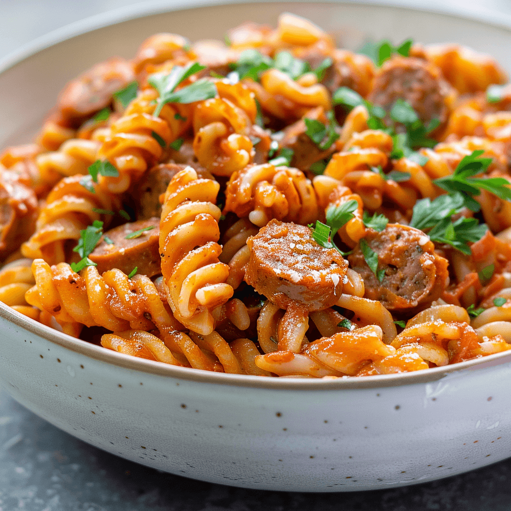 A bowl of Spicy Sausage Cellentani pasta garnished with fresh parsley.