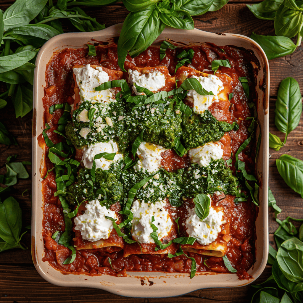 Spinach lasagna rollups in a baking dish, topped with marinara sauce and mozzarella, garnished with parsley.