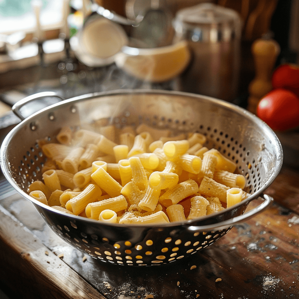 Freshly drained cellentani pasta steaming in a colander.