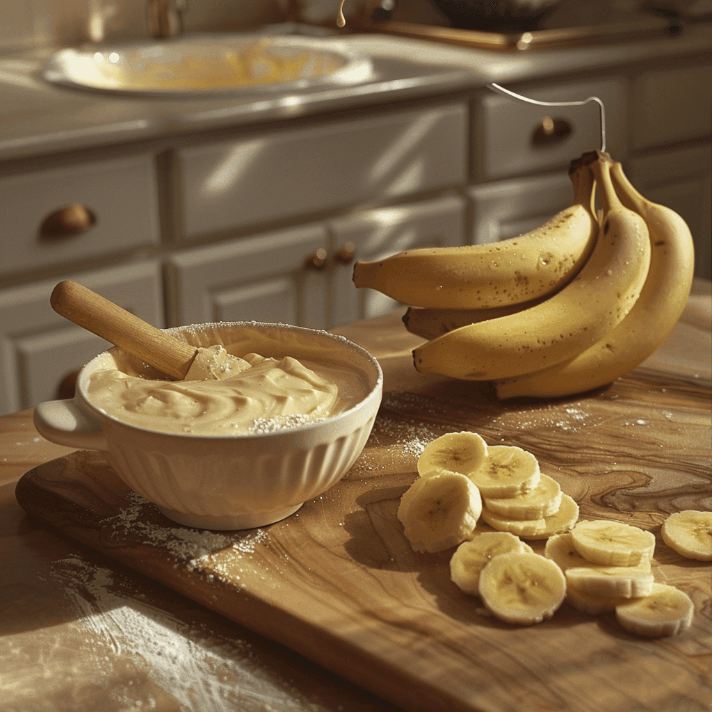 Process of preparing banana pudding—mixing pudding, slicing bananas, and layering ingredients.