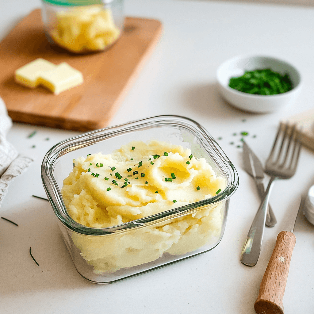 Mashed potatoes stored in an airtight container with a portion being reheated on a plate, steam rising visibly.