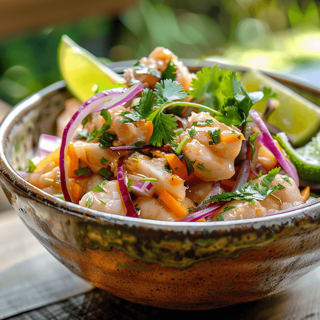 Fresh and vibrant Sturgeon Ceviche served in a bowl with lime wedges and cilantro garnish.