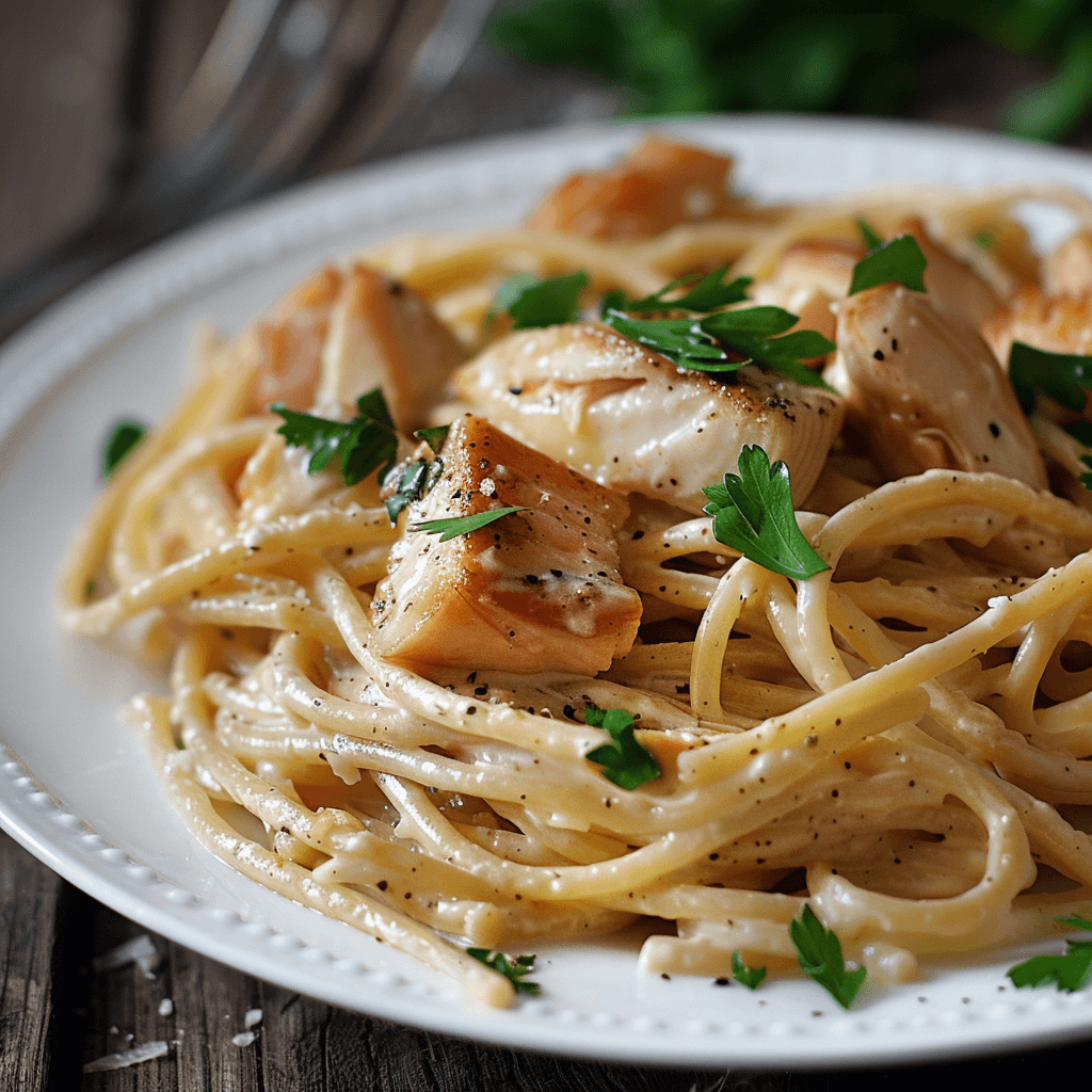 A plate of creamy Sturgeon Carbonara with golden sturgeon pieces and garnished with parsley.