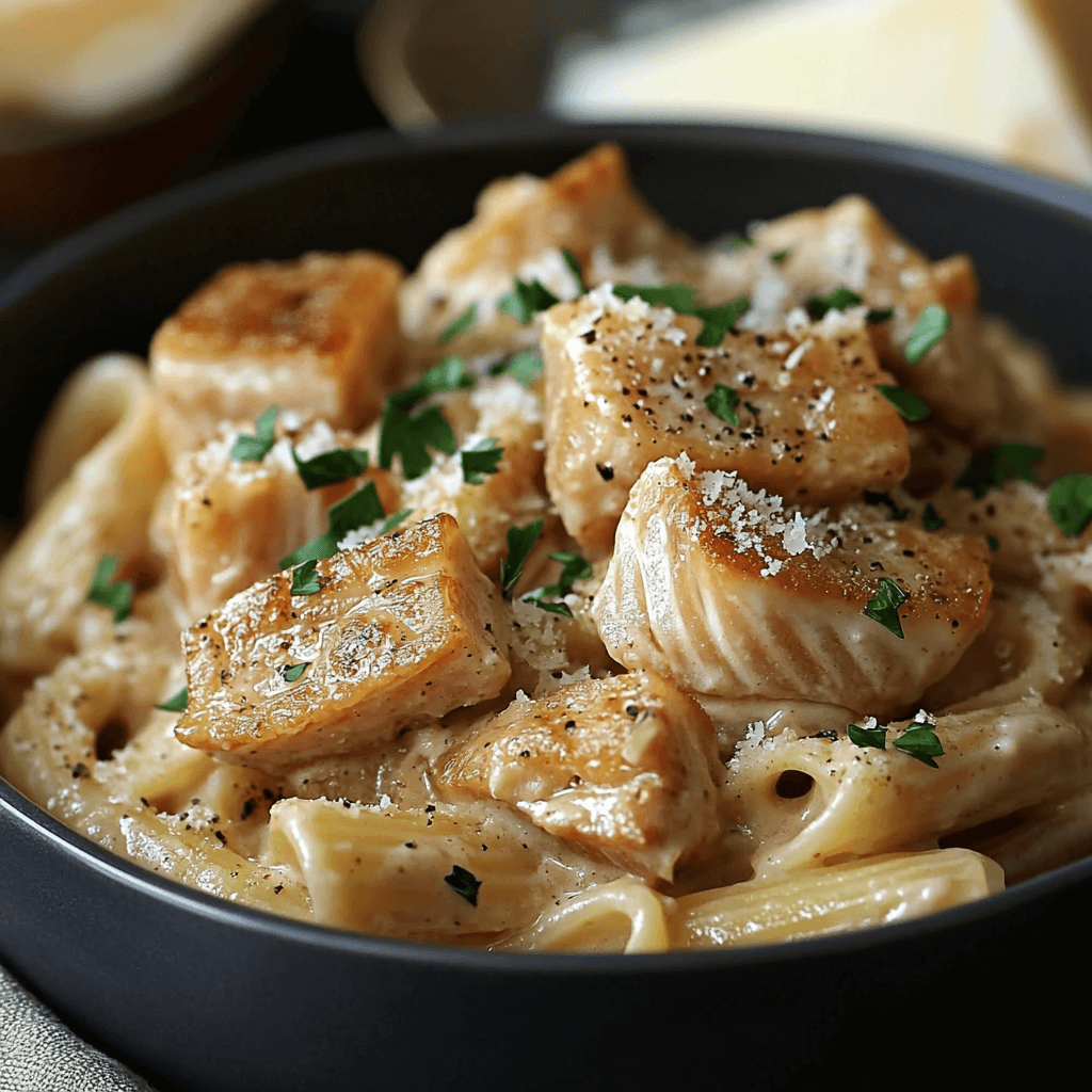 Creamy sturgeon carbonara topped with pancetta and fresh parsley.