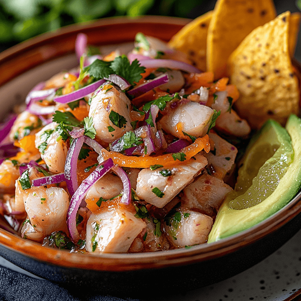 Sturgeon ceviche with citrus-marinated fish, red onions, cilantro, and avocado.