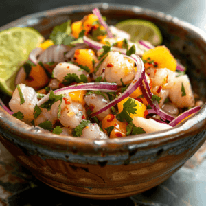 Fresh Sturgeon Ceviche served in a bowl with lime wedges, cilantro garnish, and vibrant citrus slices.