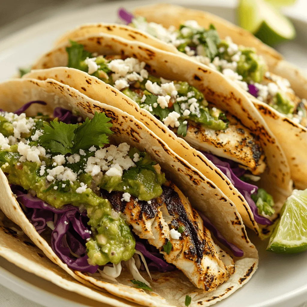 Sturgeon Tacos with Avocado Salsa Verde on a plate with lime wedges and fresh cilantro garnish.