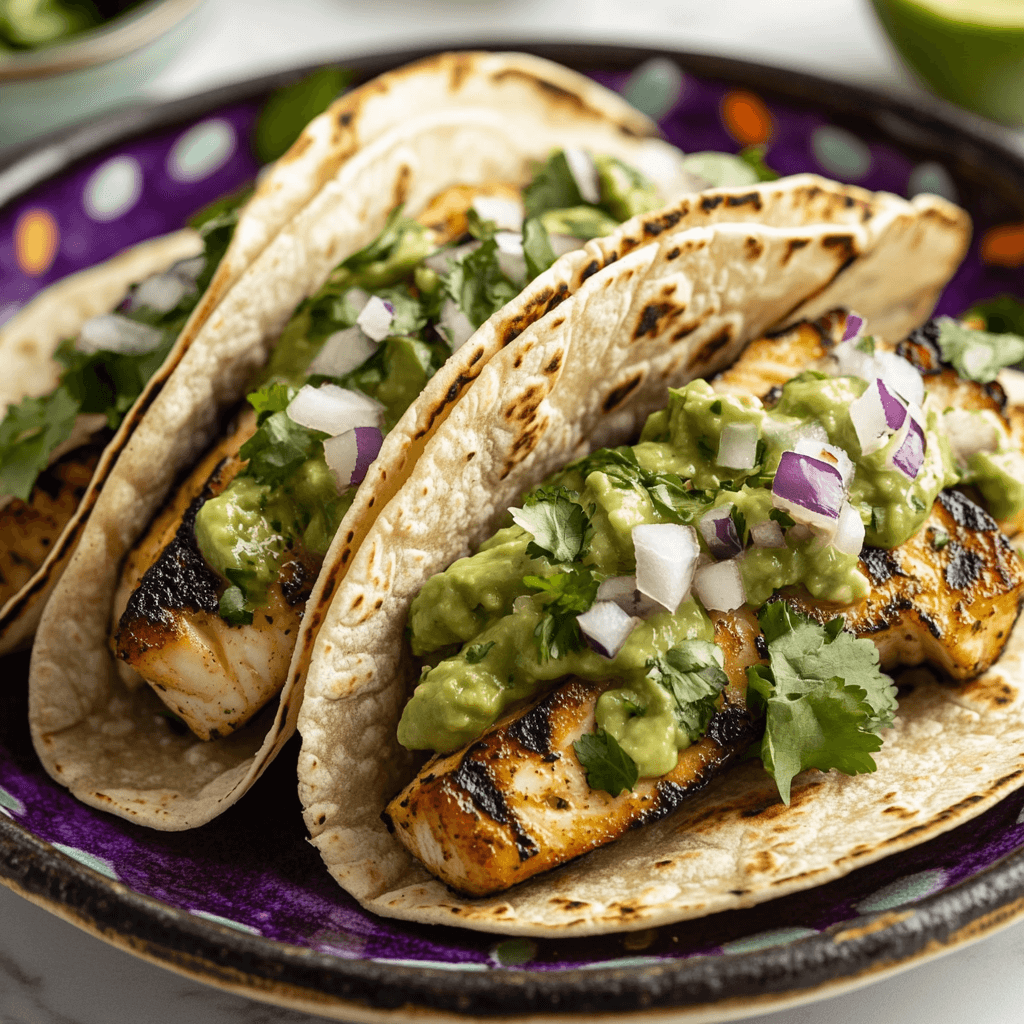 Sturgeon tacos with avocado salsa verde, shredded lettuce, and cilantro in soft tortillas.