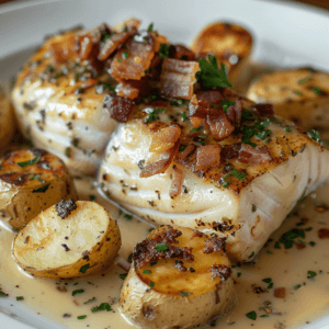 Sturgeon with pancetta served with sautéed spinach and roasted potatoes