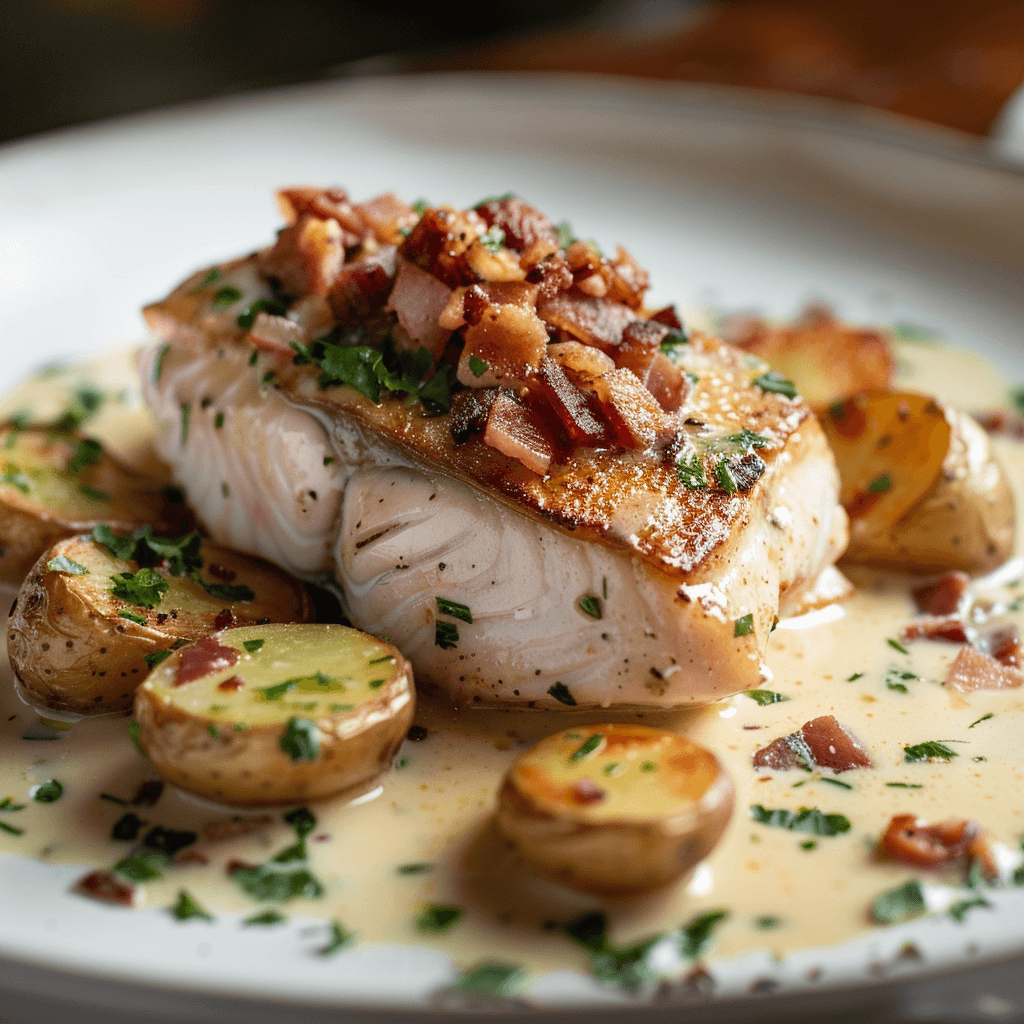 Sturgeon with pancetta and white wine sauce on a plate with roasted potatoes