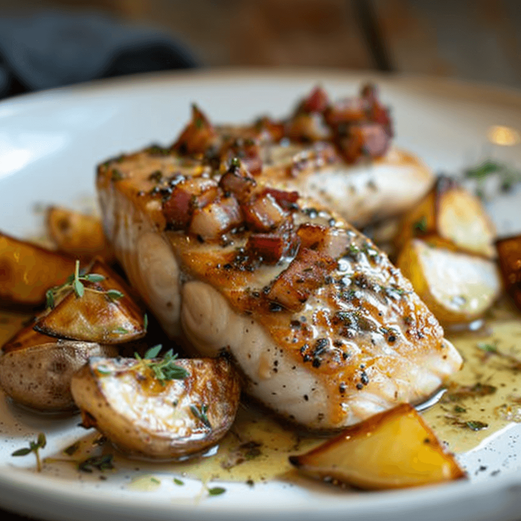 Sturgeon fillet topped with crispy pancetta served with roasted vegetables and balsamic glaze.