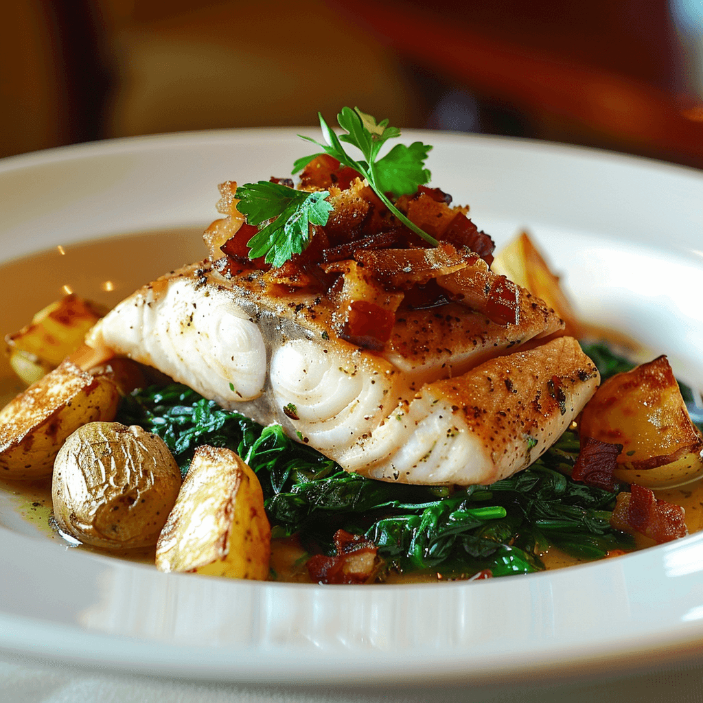 Sturgeon with pancetta served with sautéed spinach and roasted potatoes