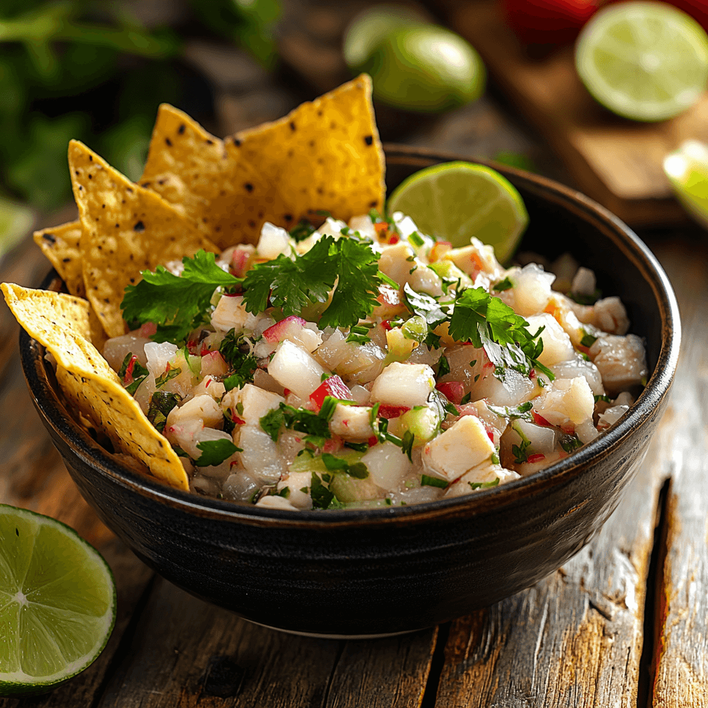 Summer-inspired Sturgeon Ceviche served in a bowl with tortilla chips and lime wedges on the side.