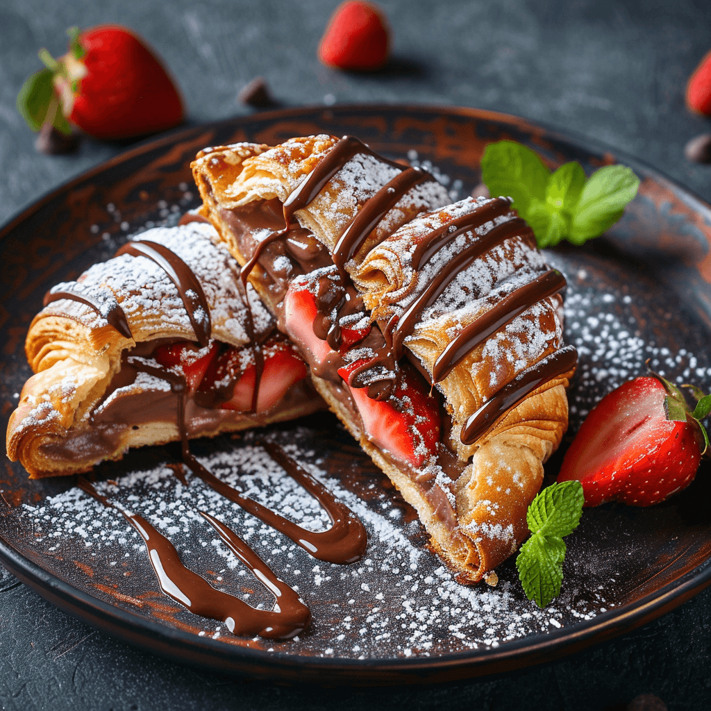 Croissant sandwich filled with Nutella, fresh strawberries, and a dusting of powdered sugar.