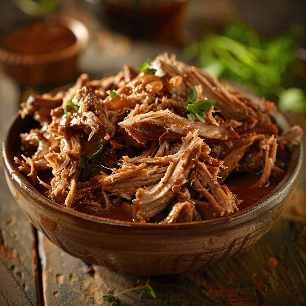 Juicy pulled pork cooked in a slow cooker, ready to be shredded for enchilada filling.