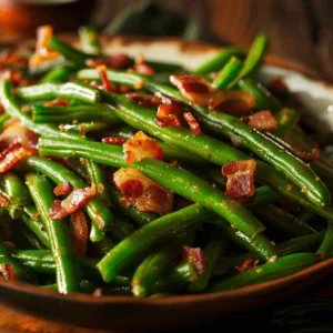 Close-up of tender Southern-Style Green Beans with bacon bits.