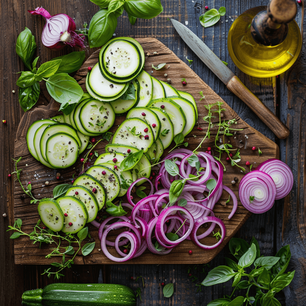 Thinly sliced zucchini and red onions on a cutting board, prepared for making Scarpaccia.