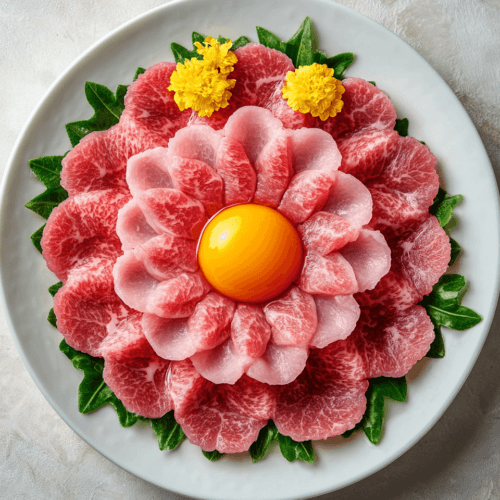 Raw beef tenderloin being thinly sliced on a wooden cutting board for beef carpaccio.