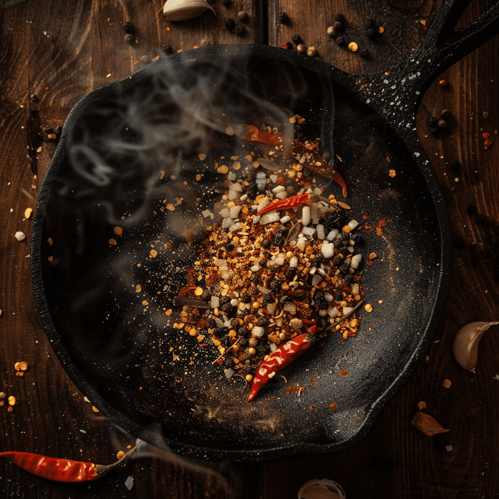 Dried chilies, cumin, and garlic powder being toasted in a black skillet for enchilada sauce.