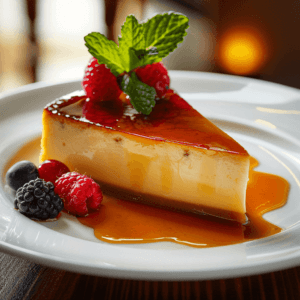 A baking dish being inverted to release a golden dulce de leche flan onto a serving plate.