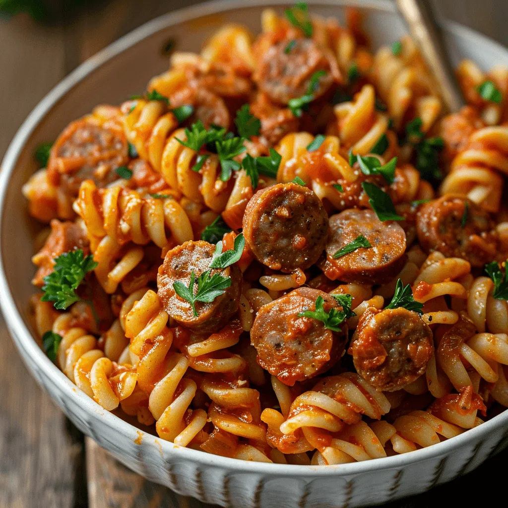 A serving of Spicy Sausage Cellentani pasta with vibrant tomato sauce and parsley garnish.