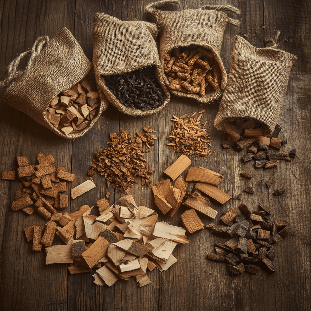 Assorted wood chips for smoking, including hickory, apple, and cherry