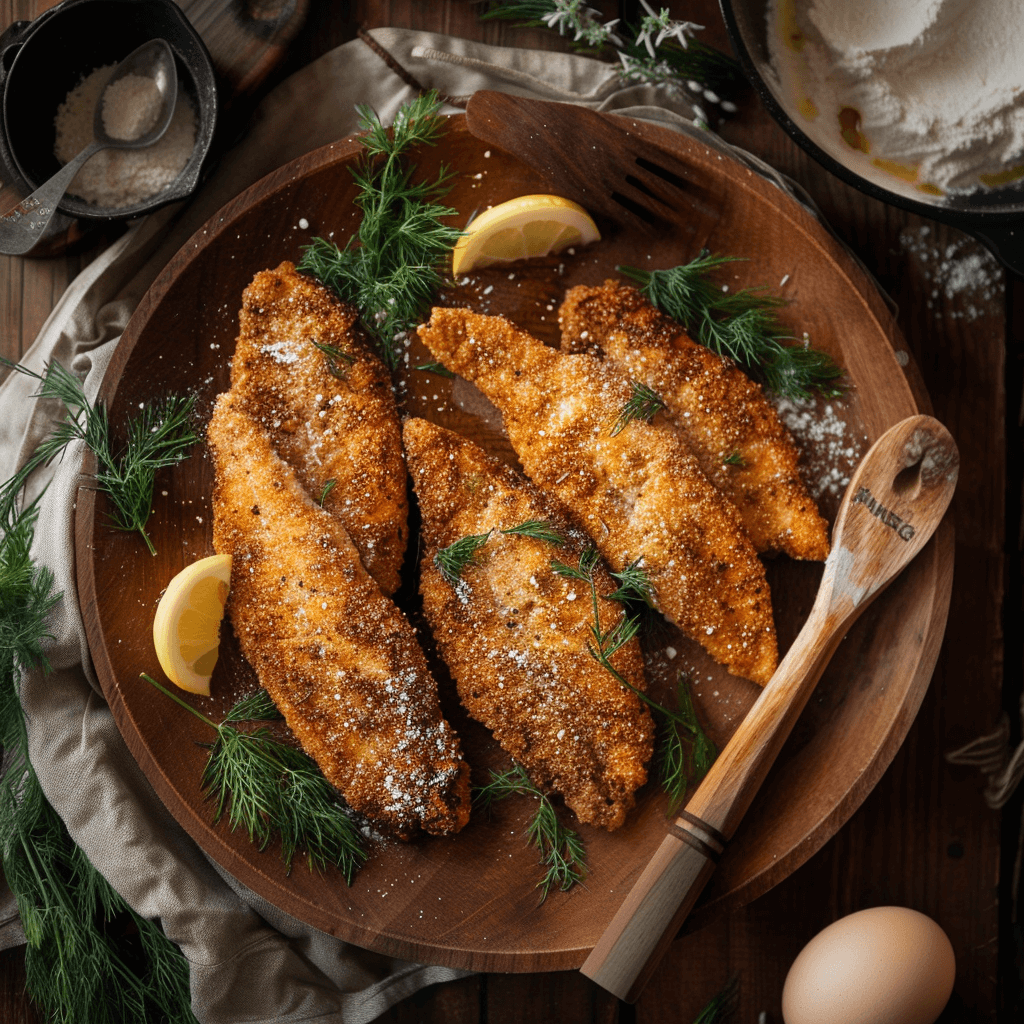 Crispy pan-fried bluegill fillets with dill and lemon on a wooden plate.