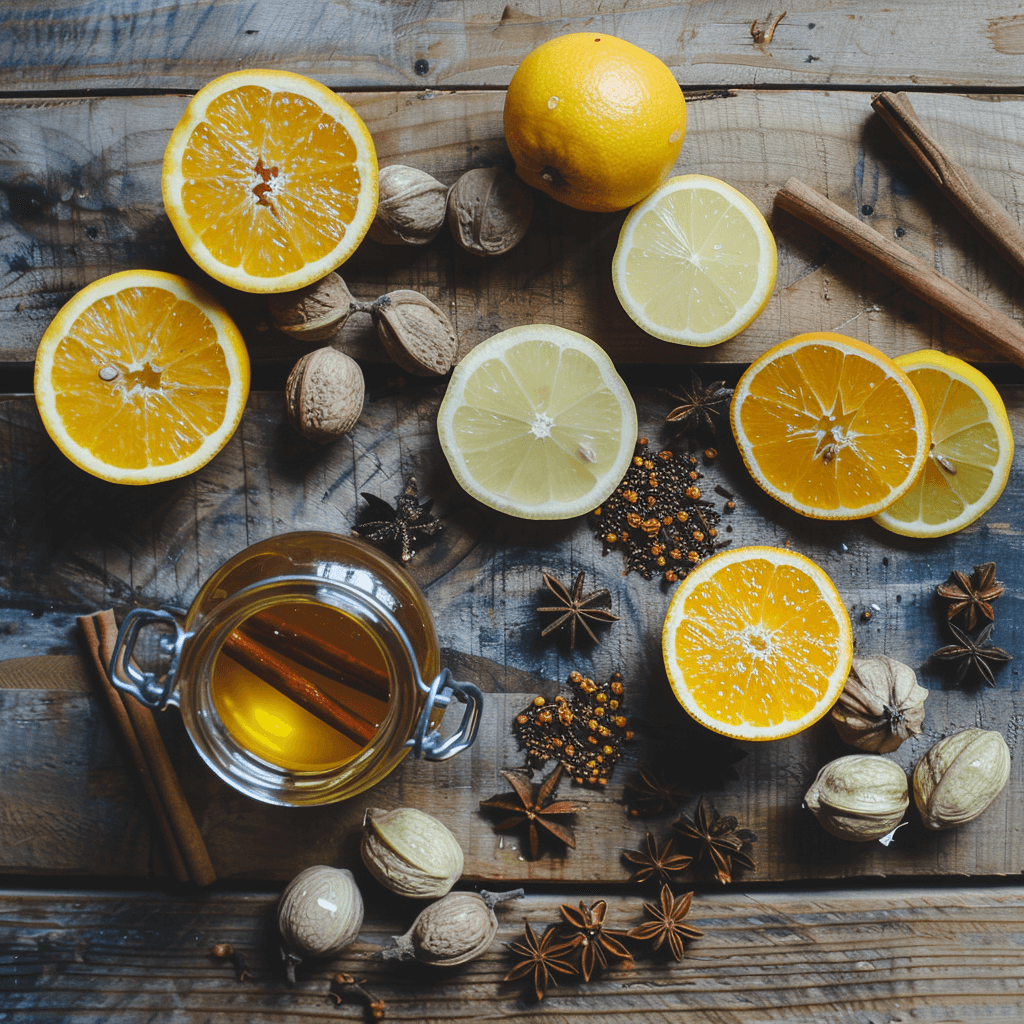 Fresh oranges, lemons, honey, and spices for making Boilo.