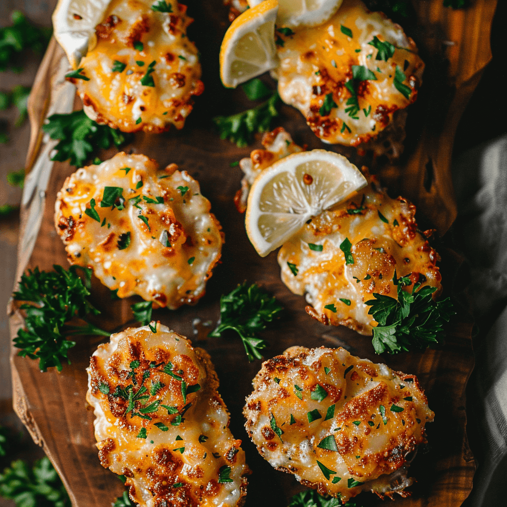 A golden-brown cheesy crab appetizer on English muffins, garnished with parsley and served on a rustic wooden platter.