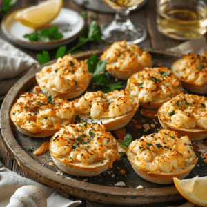 A golden-brown cheesy crab appetizer on English muffins, garnished with parsley and served on a rustic wooden platter.