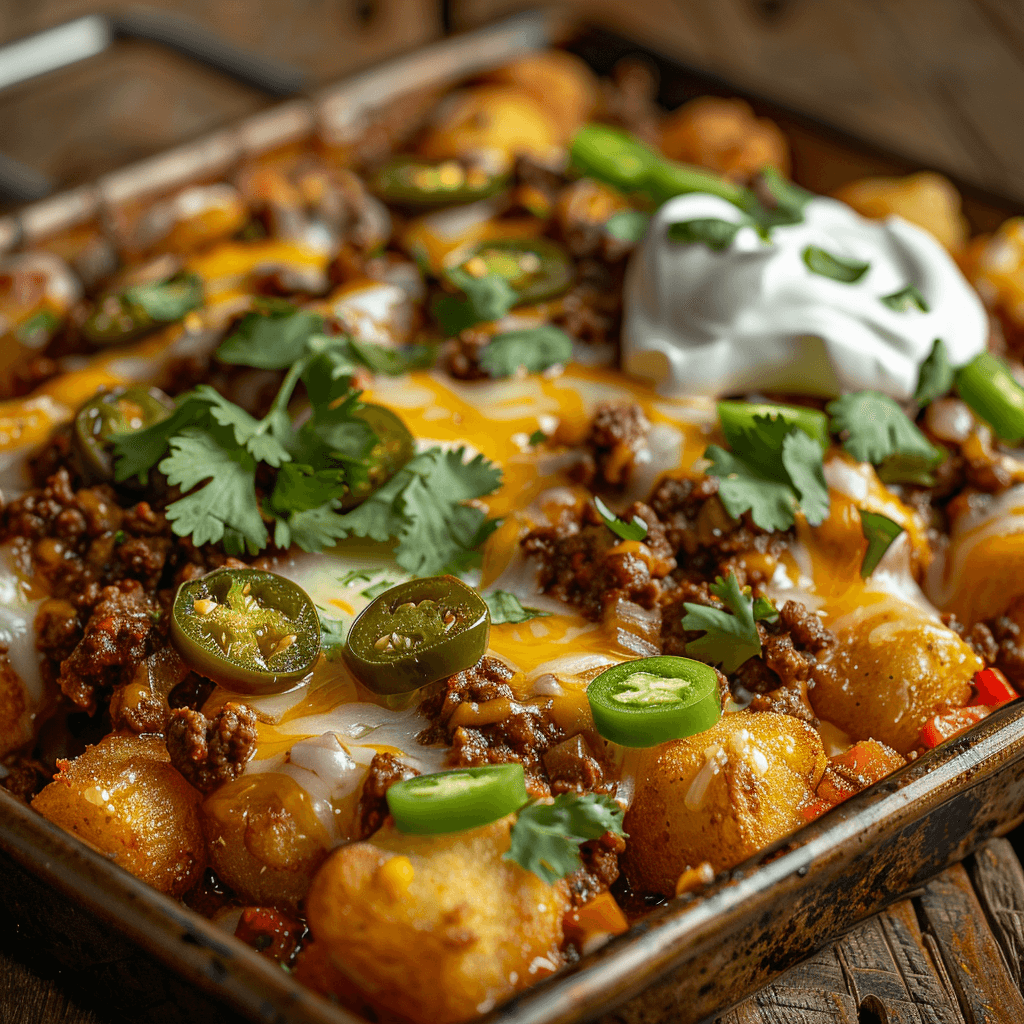 Crispy loaded tachos with melted cheese, ground beef, jalapeños, and fresh cilantro on a baking sheet