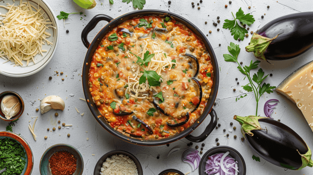 Recipe overview with prep time, cook time, and servings for eggplant casserole.