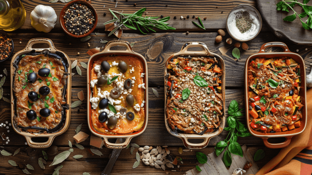 Eggplant casserole with black olives, feta cheese, and za’atar seasoning.