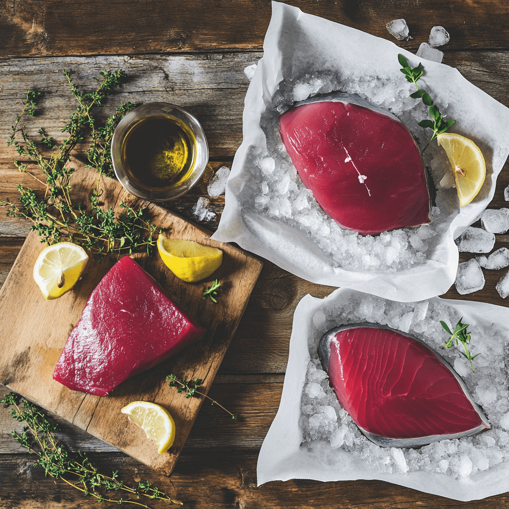 ide-by-side comparison of fresh and frozen bluefin tuna, highlighting their textures and colors.