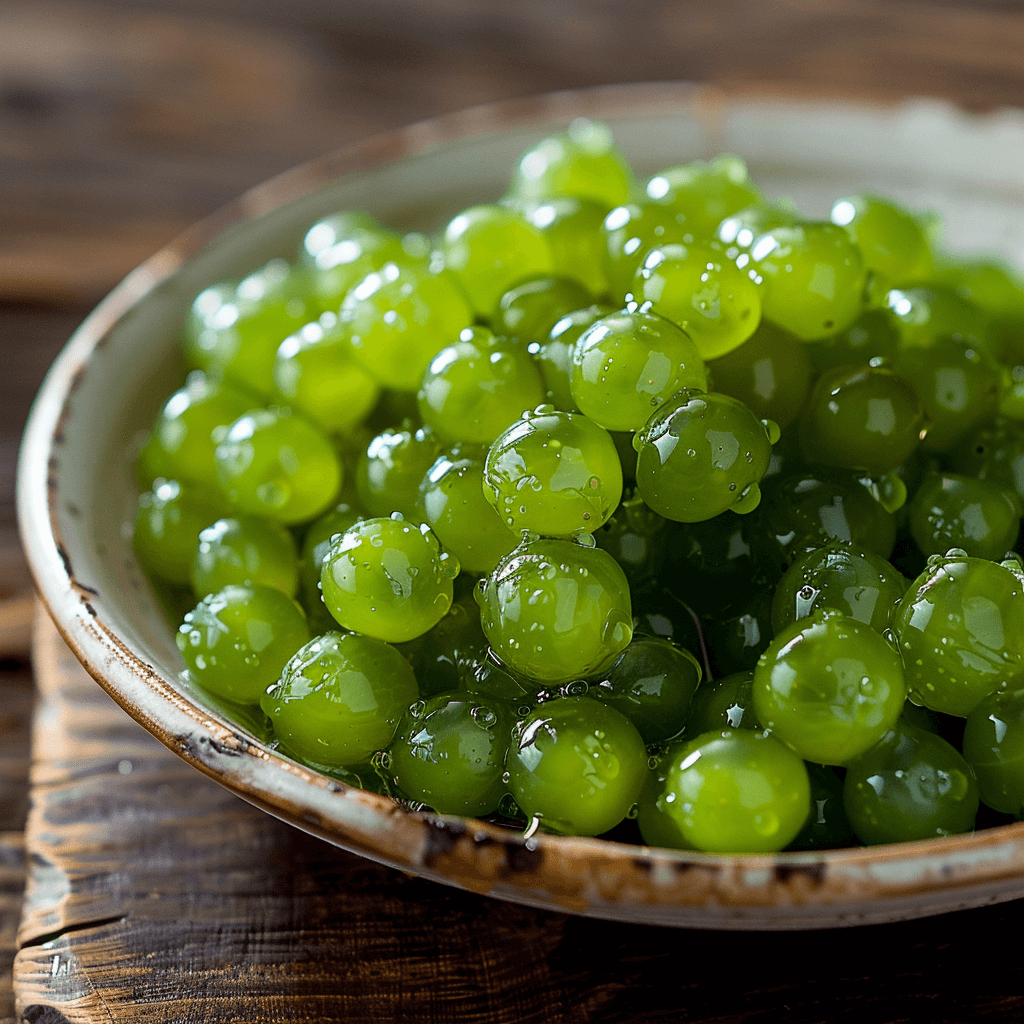 Close-up of umibudo sea grapes, showing their delicate, bubble-like beads and vibrant green color.