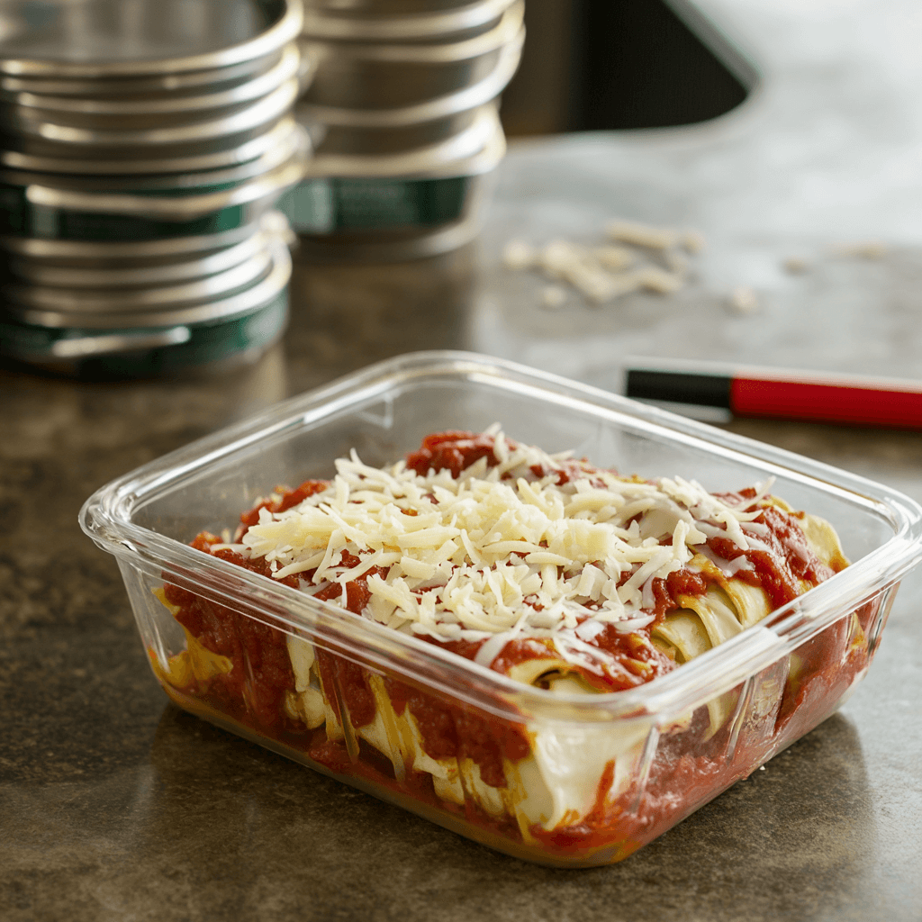 Freezer-safe container filled with lasagna rollups, ready to be stored for later.