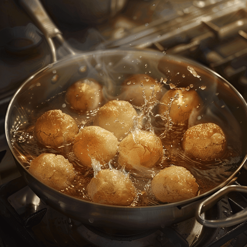 Sata Andagi dough balls frying in hot oil in a deep pan