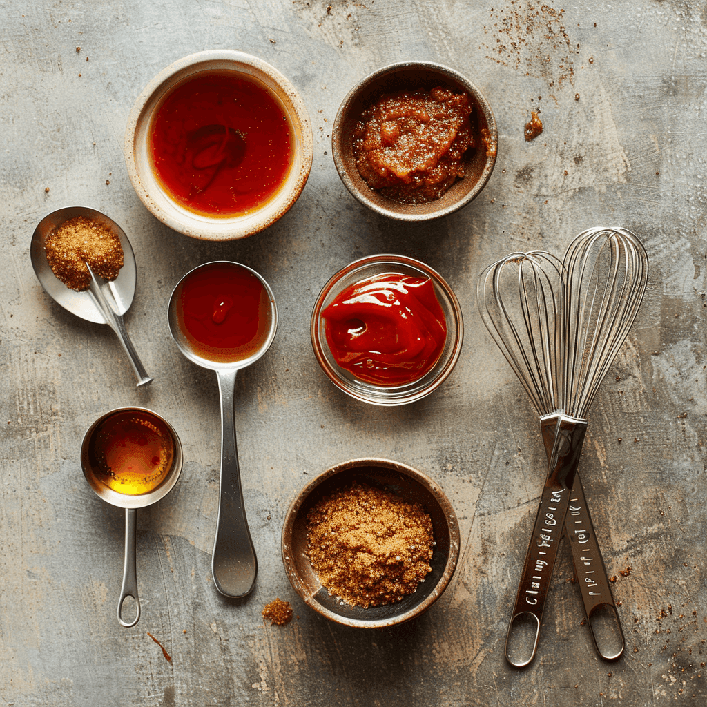 Ingredients for meatloaf glaze, including ketchup, brown sugar, and apple cider vinegar