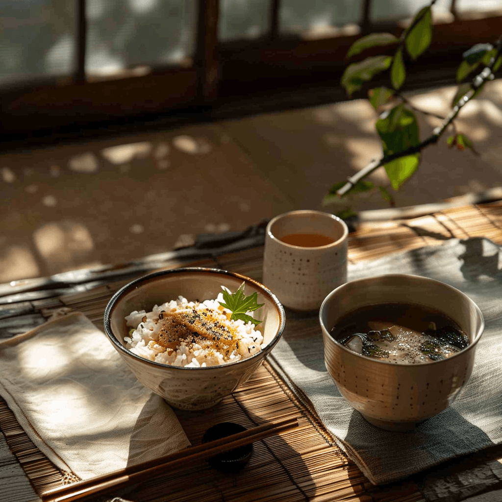 Okinawan Goya Champuru served with steamed rice and a bowl of miso soup.