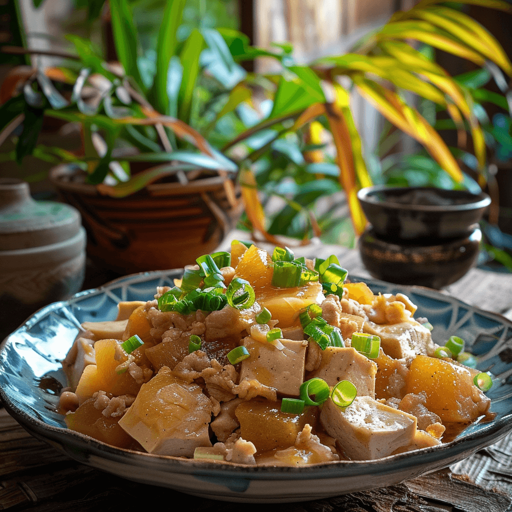 Okinawan Goya Champuru, a healthy bitter melon stir-fry with tofu, eggs, and pork, served on a ceramic plate