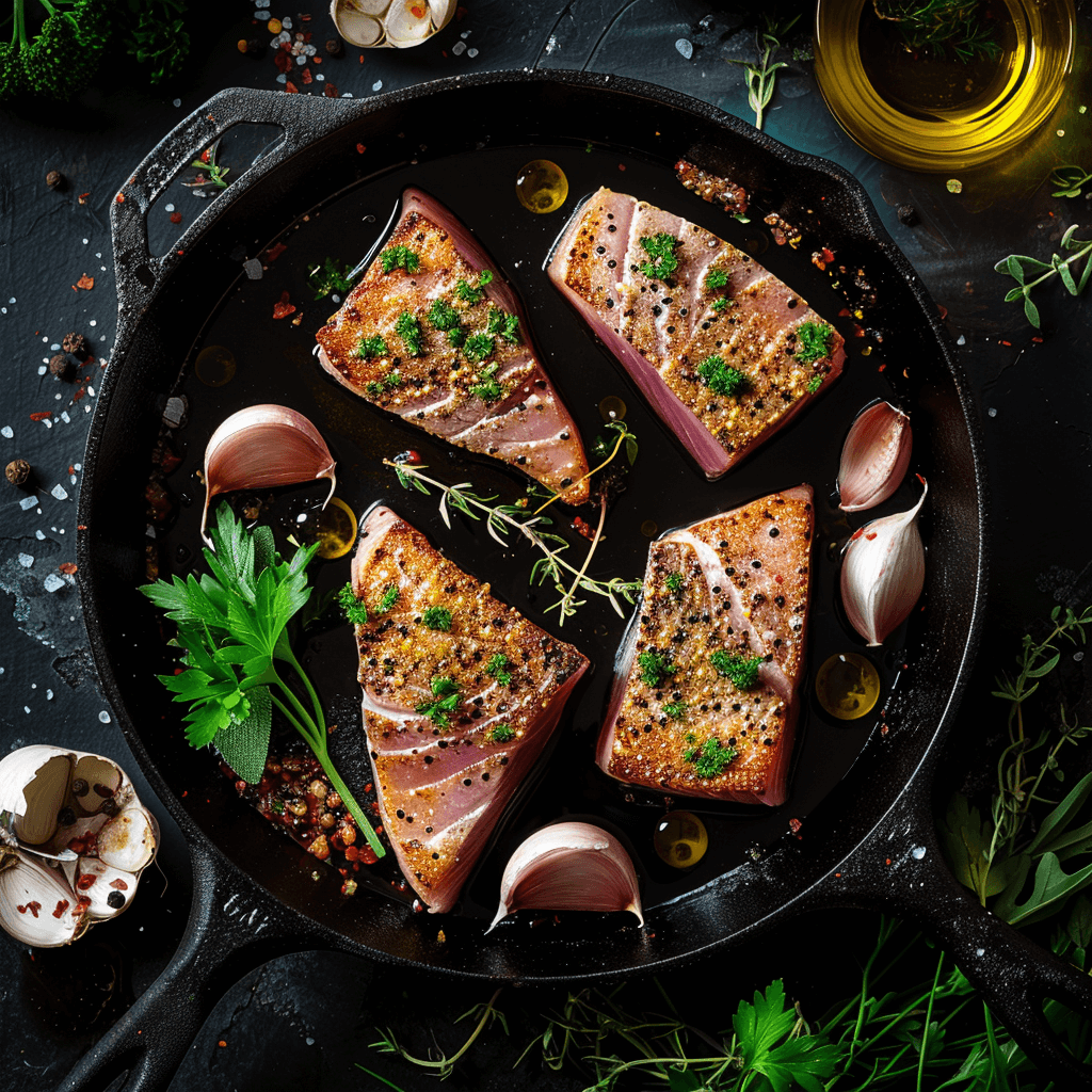 Bluefin tuna steaks being seared in a hot skillet with a crispy crust