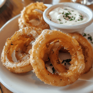 Golden crispy homemade onion rings on a plate with dipping sauce