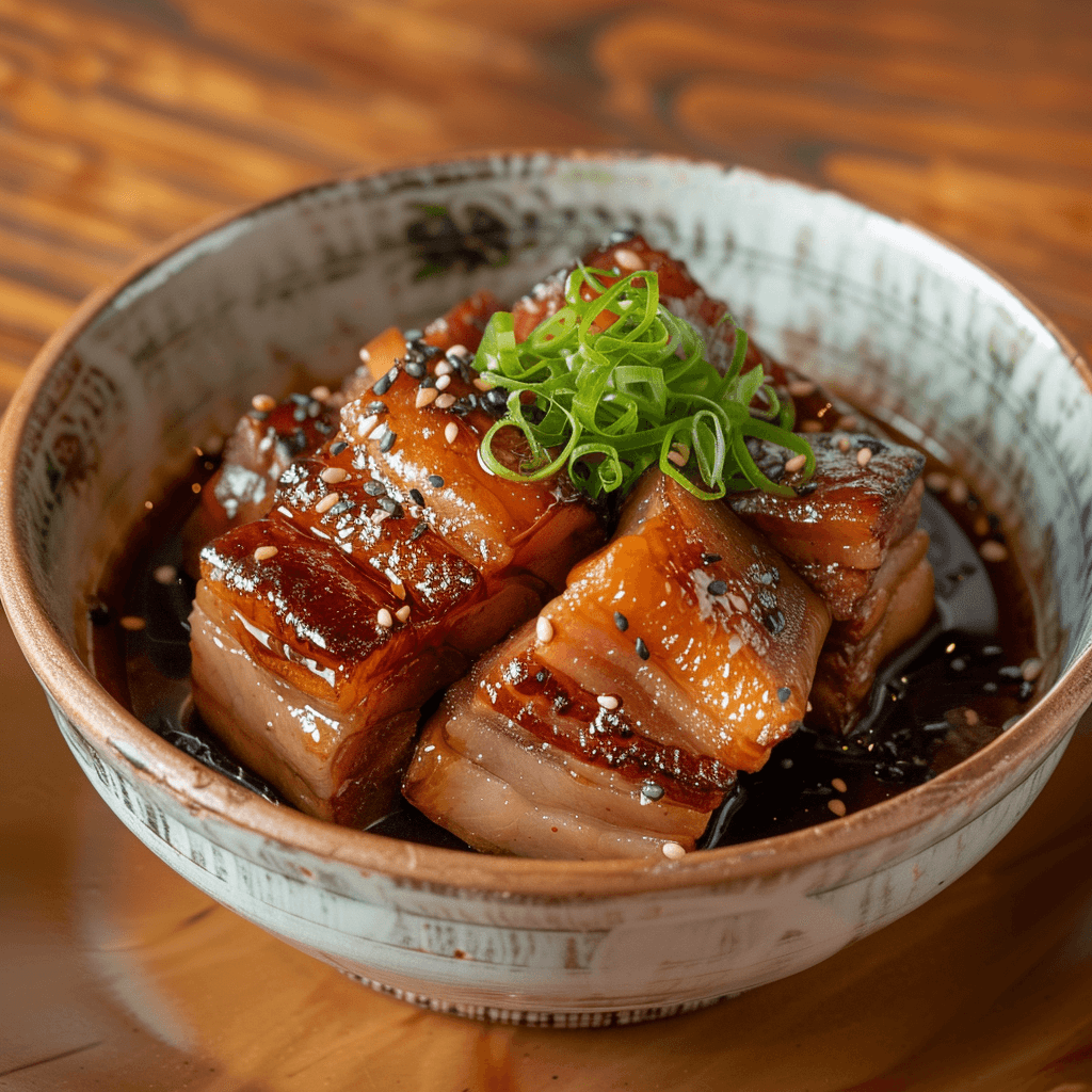 Rafute, Okinawan braised pork belly in a sweet and savory soy-based sauce, garnished with sesame seeds.